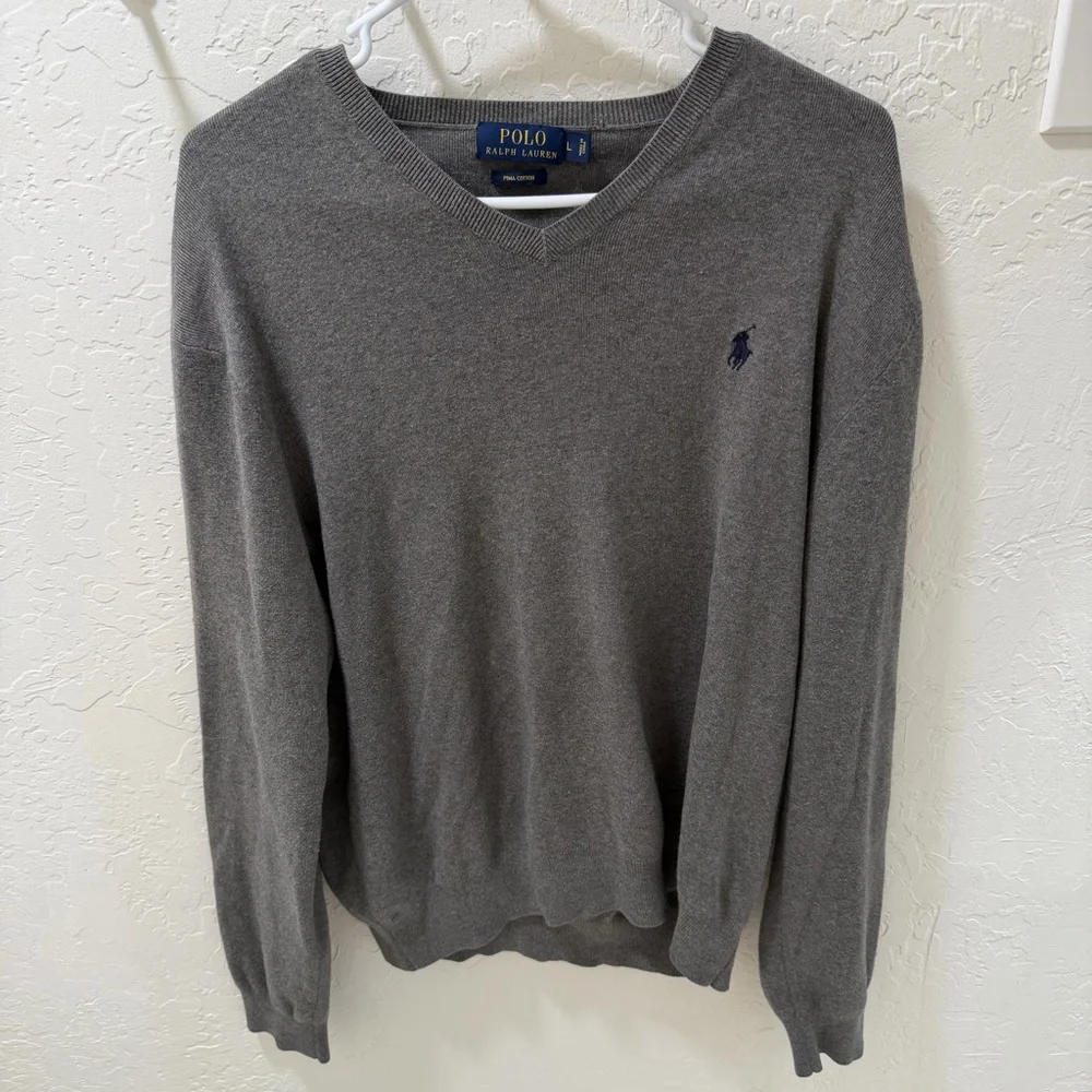 Polo by Ralph Lauren Men’s Gray V-Neck Pima Cotton Sweater - Large